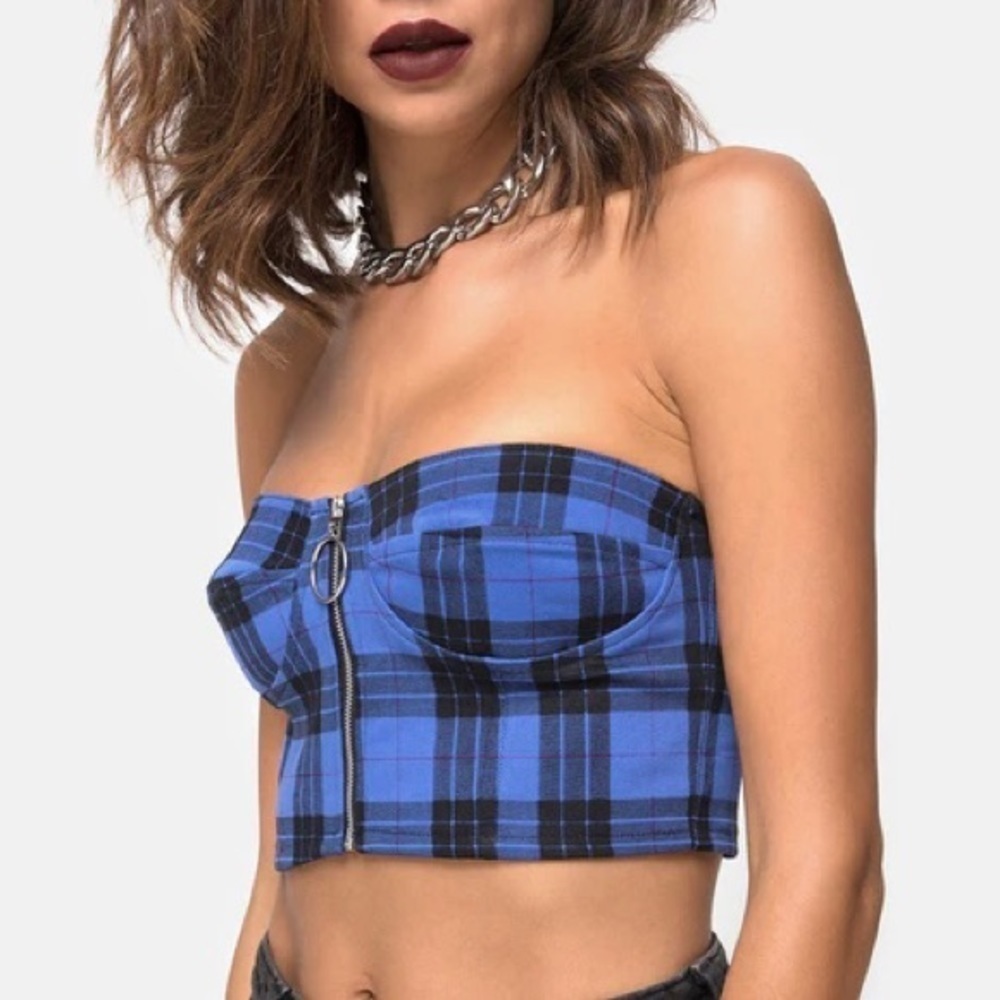 Motel Rocks Blue Tartan Cropped Top Size S